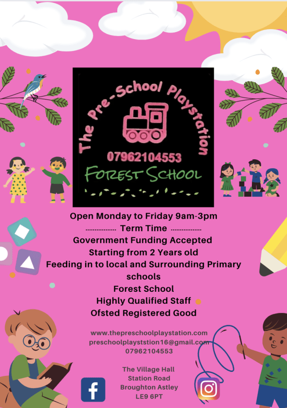 Contact Sandra 07962104533 or visit the Preschool Playstation <https://www.schoolandcollegelistings.com/GB/Leicester/1290240017696693/The-Pre-school-Playstation>

3 hour or 6 hour sessions Monday to Friday

9 am to 12 pm and 12 pm to 3 pm

15 hours funded for 3 and 4 year olds.

30 hours funding available and 2 year old funding available.